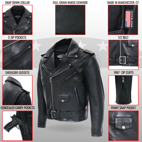 Hot Leathers JKM5009 Men's USA Made Black Premium Leather Classic Motorcycle Biker Jacket