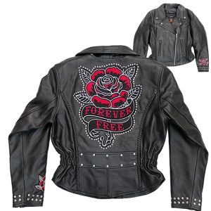 Hot Leathers Ladies Braided Motorcycle Leather Jacket with Embroidered Bling Rose Design - JKL2001