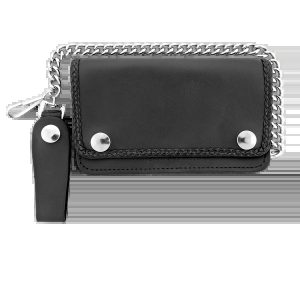 5 Pocket Bi-fold Braided Detail Black Leather Wallet with Chain
