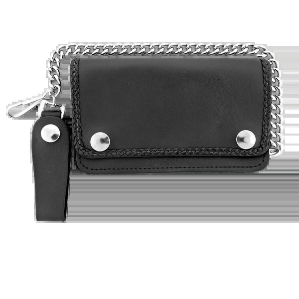 5 Pocket Bi-fold Braided Detail Black Leather Wallet with Chain