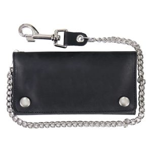Black Naked Leather Tri-Fold Wallet with Chain
