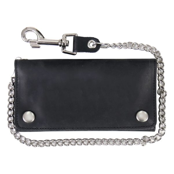Black Naked Leather Tri-Fold Wallet with Chain