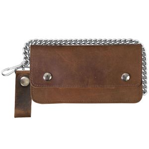 Distressed Brown Bi-Fold Leather Wallet with Chain