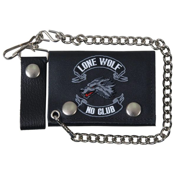 Lone Wolf Tri-Fold Black Leather Wallet with Chain