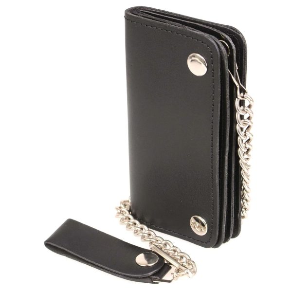 Men's 6” Leather Long Bi-Fold Biker Wallet w Anti-Theft Stainless Steel Chain