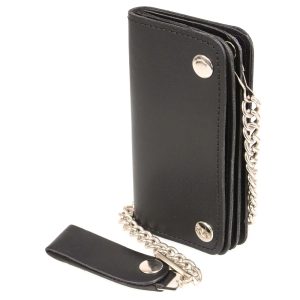 Men's 6” Leather Long Bi-Fold Biker Wallet w Anti-Theft Stainless Steel Chain