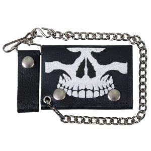 Skull Black Leather Wallet with Chain