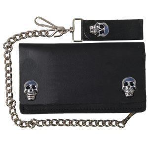 Skull Snap Bi-Fold Black Leather Wallet with Chain