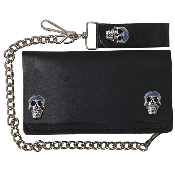 Skull Snap Bi-Fold Black Leather Wallet with Chain
