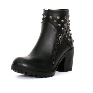 Ladies 5-inch Black Studded Ankle Leather Boots with Side Zippers BTL1003