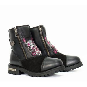 Ladies Black Double Zip Sugar Skull Cap Toe Leather Boot BTL1009