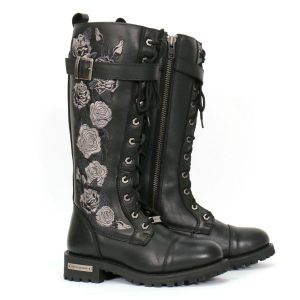 Ladies Black Knee High Wild Roses Leather Boots BTL1007