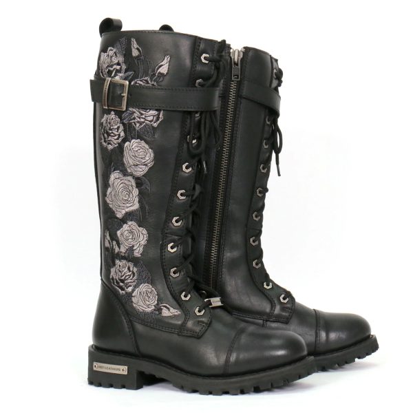 Ladies Black Knee High Wild Roses Leather Boots BTL1007