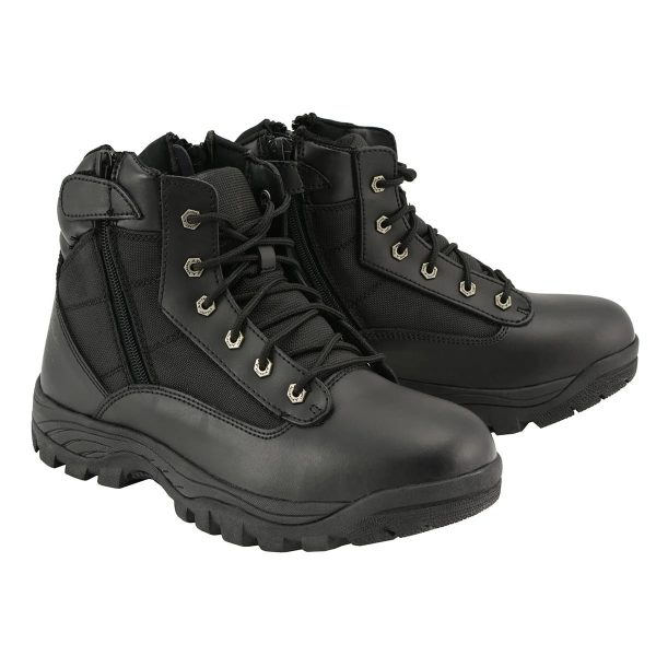 Men's 6-inch Black Leather Swat Style-Tactical Lace-Up Biker Boots w Side Zippers MBM9011
