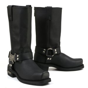 Men's Black Classic Harness Motorcycle Leather Boots MB410