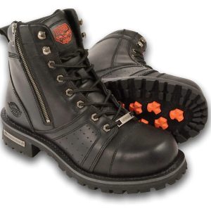 Men's Black Lace-Up Motorcycle Riding Leather Boots with Side Zipper Entry MBM9000
