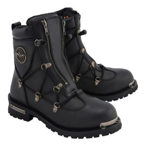 Men's Black Leather 6-inch Plain Toe Dual Zipper Motorcycle Rider Boots MBM9075