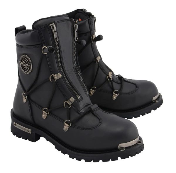Men's Black Leather 6-inch Plain Toe Dual Zipper Motorcycle Rider Boots MBM9075