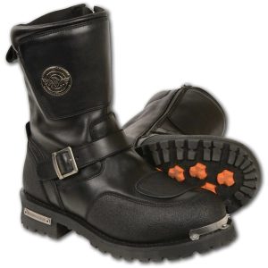 Men's Black Leather Classic Engineer Motorcycle Boots w Reflective Piping & Gear Shift Protection MBM9070