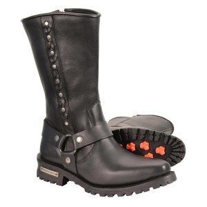 Men's Black Leather Harness Motorcycle Boots with Braid and Riveted Details MBM9025