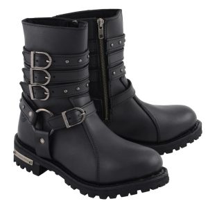 Women's 9-Inch Triple Buckle Black Leather Harness Biker Boots w Side Zipper MBL9399