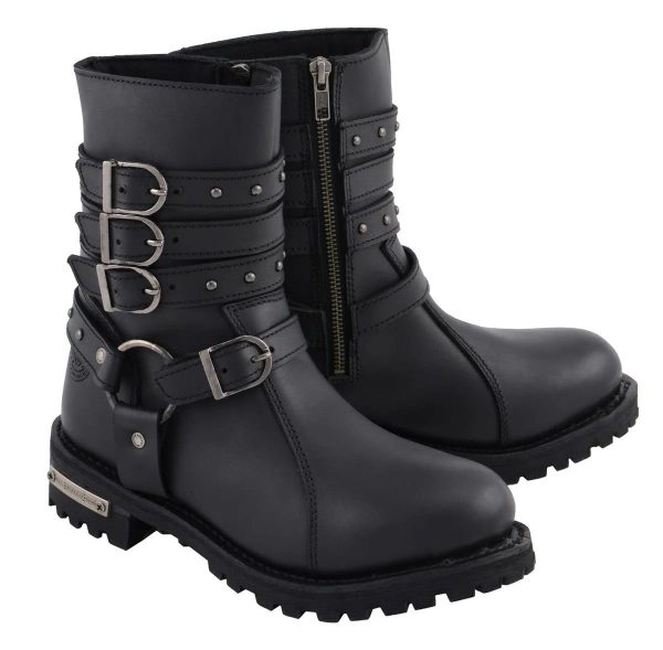 Women's 9-Inch Triple Buckle Black Leather Harness Biker Boots w Side Zipper MBL9399