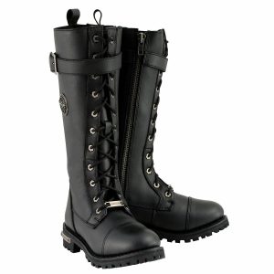 Women's Black 14-inch Lace-Up High-Rise Leather Biker Rider Boots with Calf Buckle MBL9355
