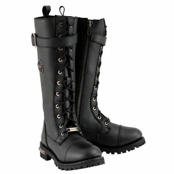 Women's Black 14-inch Lace-Up High-Rise Leather Biker Rider Boots with Calf Buckle MBL9355