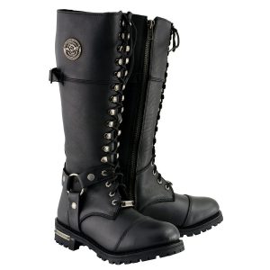 Women’s Black 16-inch Lace-Up Front Cap Toe Motorcycle Riding Leather Boots MBL9390