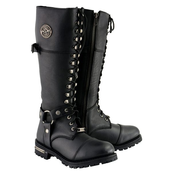 Women’s Black 16-inch Lace-Up Front Cap Toe Motorcycle Riding Leather Boots MBL9390