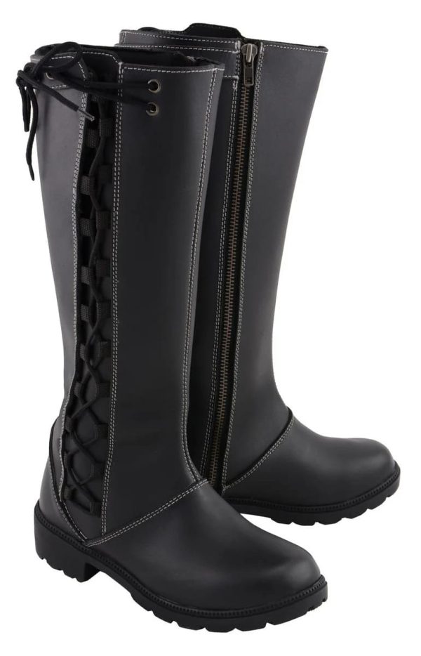 Women's Black 17-Inch Lace Side Leather Boots with Contrast White Stitching MBL9370