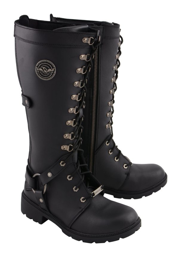 Women's Black 'Jane' 15-inch Leather Combat Style Harness Motorcycle Boots MBL9380