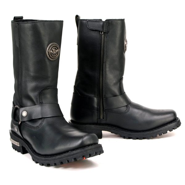 Women's Black Leather 11-Inch Classic Harness Square Toe Motorcycle Boots MBL9360