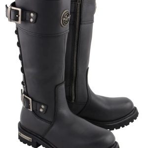 Women's Black Leather 15-Inch Calf Laced Motorcycle Riding Boots with Side Zipper MBL9385
