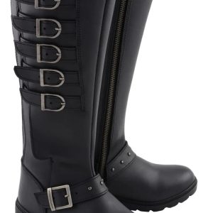 Women's Black Leather 17-Inch Side Strap Riding Motorcycle Boots with Side Zipper MBL9395