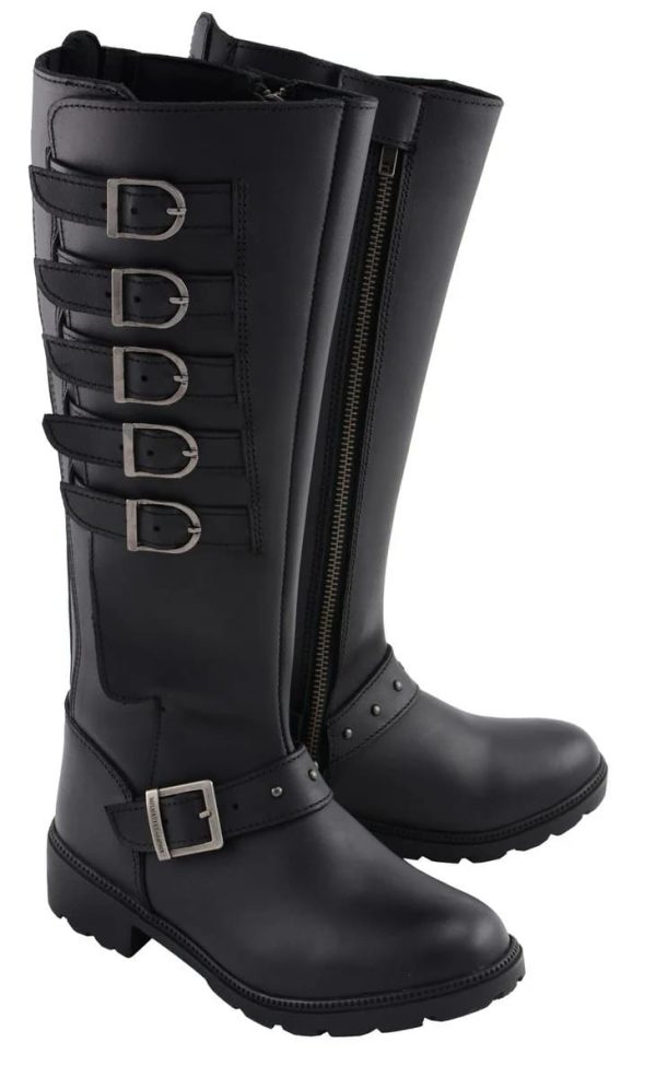 Women's Black Leather 17-Inch Side Strap Riding Motorcycle Boots with Side Zipper MBL9395