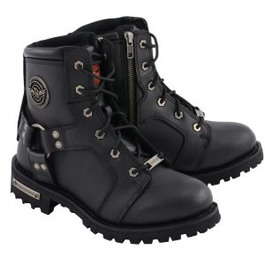 Women's Black Leather 8-Inch Lace-Up Motorcycle Harness Boots with Side Zipper MBL9302