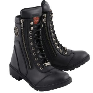 Women's Black Leather Lace-Up Motorcycle Biker Riding Boots with Side Zipper Entry MBL9301