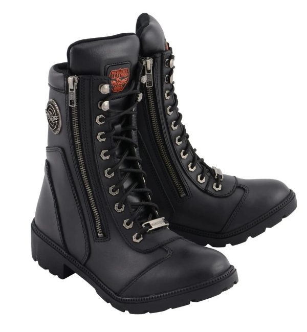 Women's Black Leather Lace-Up Motorcycle Biker Riding Boots with Side Zipper Entry MBL9301
