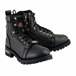 Women's Black Leather Lace-Up Motorcycle RiderBoots wSide Zipper MBL200