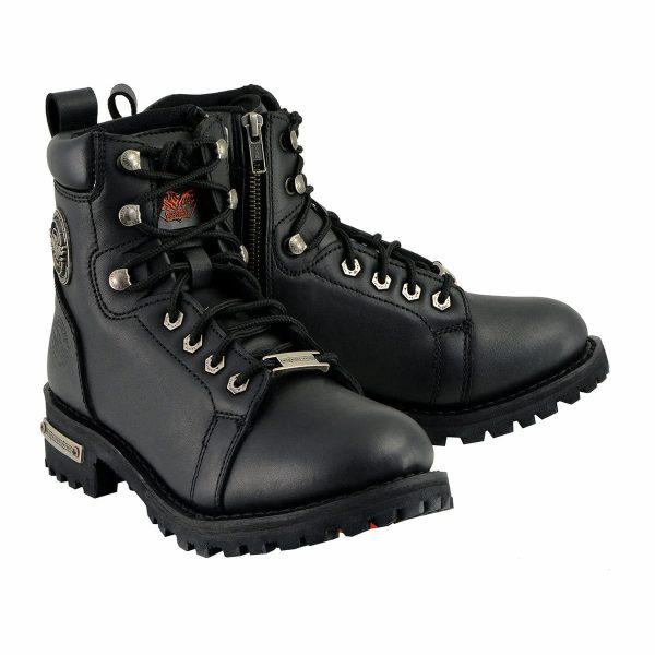 Women's Black Leather Lace-Up Motorcycle RiderBoots wSide Zipper MBL200