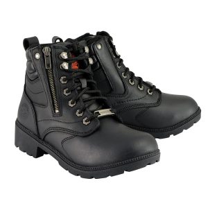 Women's Black Premium Leather Wide-Width Lace-Up Motorcycle Rider Boots MBL9320W