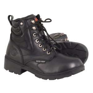 Women's Black Waterproof Lace-Up Motorcycle Biker Rider Boots w Side Zipper MBL9321WP