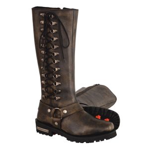 Women's Distressed Brown Leather 14-inch Classic Harness Square Toe Motorcycle Rider Boots MBL9368