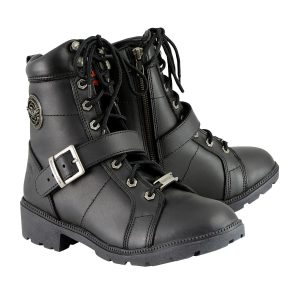 Women's Premium Black Leather Lace-Up Motorcycle Biker Rider Boots in Wide Width Size MBL9325W