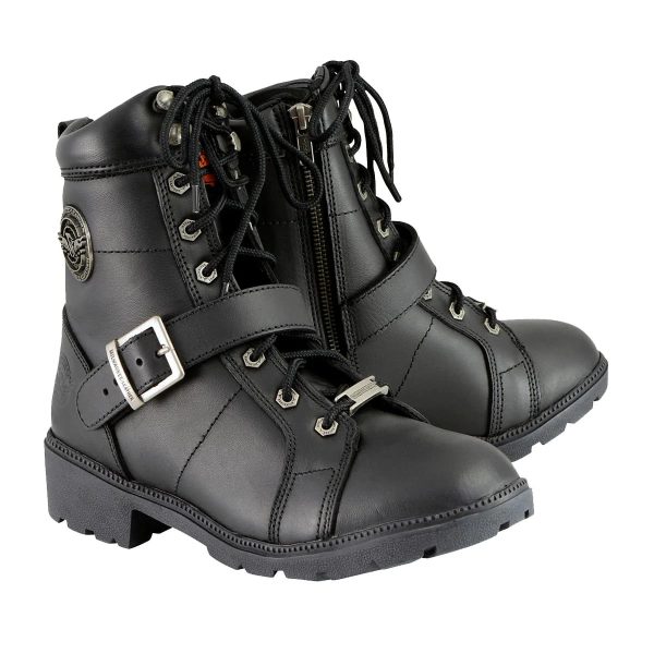 Women's Premium Black Leather Lace-Up Motorcycle Biker Rider Boots in Wide Width Size MBL9325W