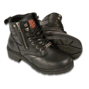 Women's Premium Black Leather Lace-Up Motorycle Riding Boots with Side Zipper MBL9320