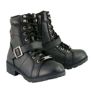 Women's Premium Black Leather Lace-Up Waterproof Motorcyle Rider Boots MBL9326WP
