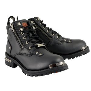 Women's Premium Black Leather Low Cut Lace-Up Motorcycle Riding Boots w Zipper Closure MBL9335