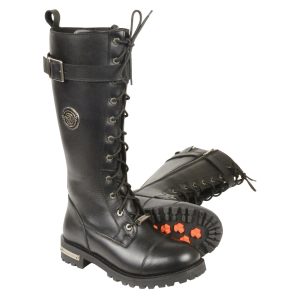 Women's Wide-Width Black 14-inch Lace-Up High-Rise Leather Biker Rider Boots with Calf Buckle MBL9355W